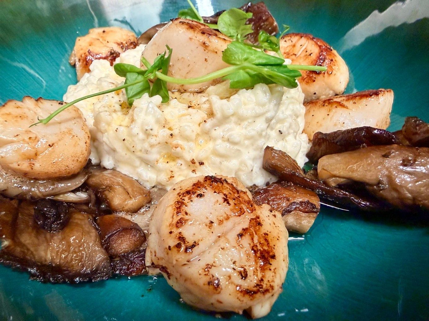 Saint-Jacques snackées, risotto crémeux et champignons