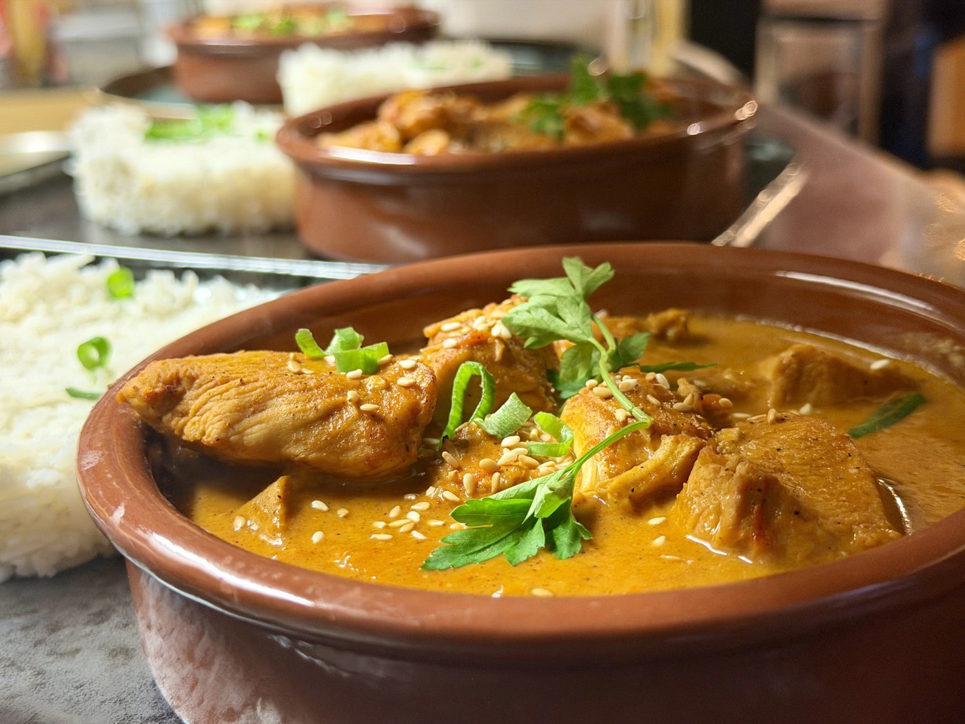 Poulet mijoté aux épices, servi avec du riz